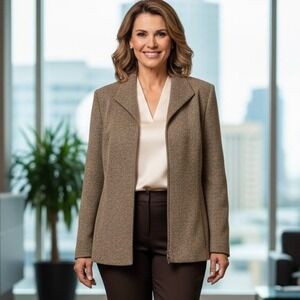 Ann‎ Harvey Blazer Jacket Women 14 Zipper Closure Textured Material Career Brown